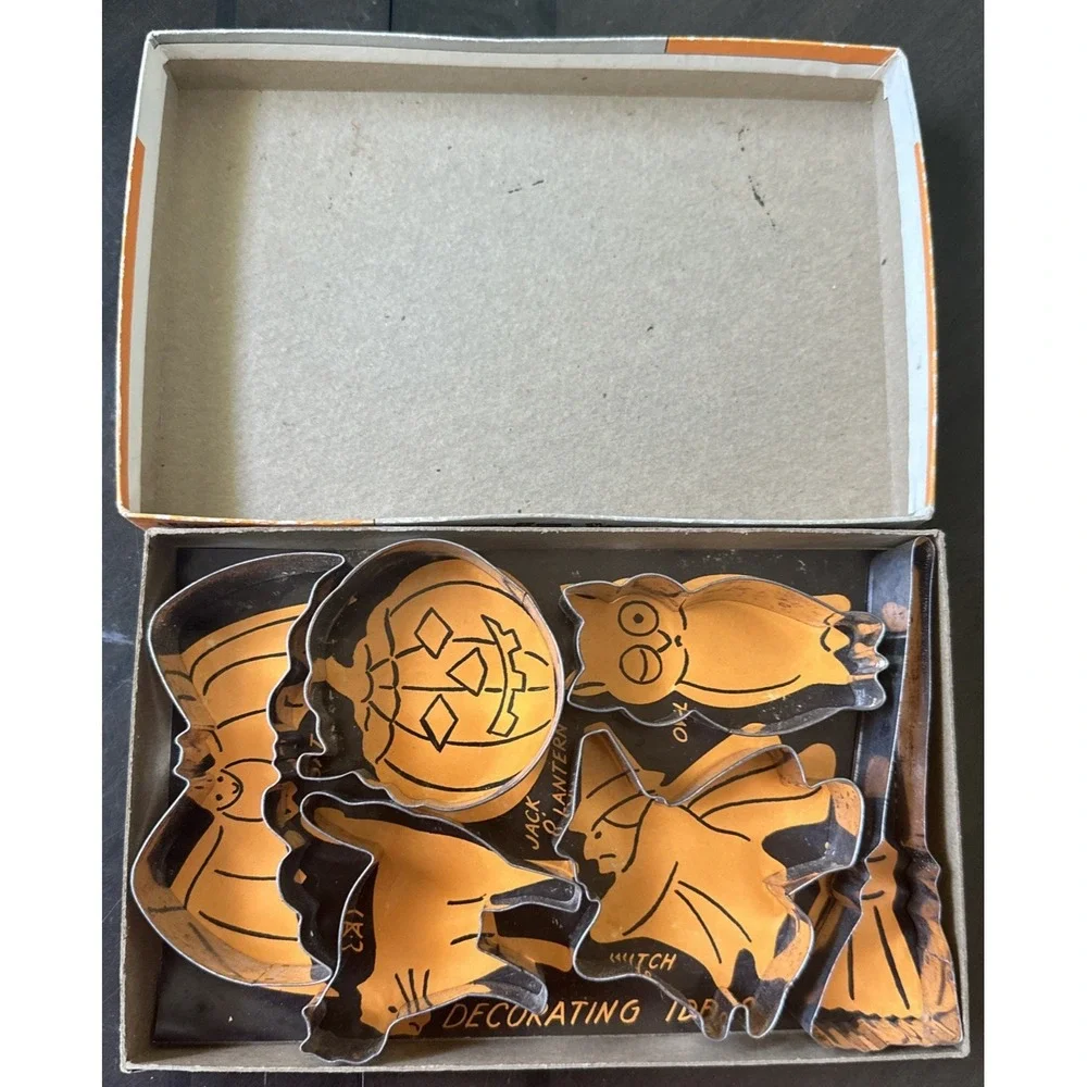 Vintage Trick or Treat Set of 6 Metal Halloween Cooky Cookie Cutters with Box